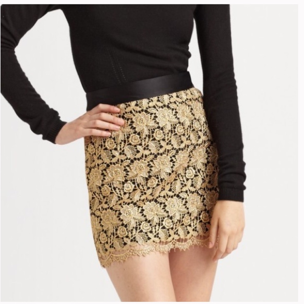 MILLY Gold Metallic with Black Silk Waist Mini Skirt Size 2